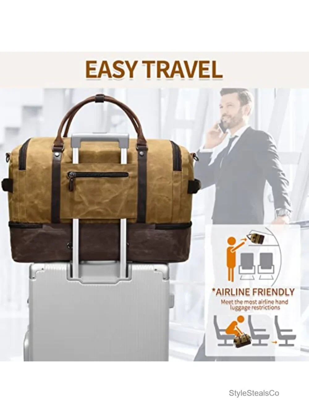 Weekender Bag with Shoe Compartment Canvas Genuine Leather Travel Duffel